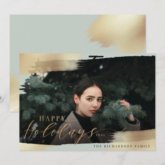 prettige feestdagen Mint Green & Gold Foil Brush F Feestdagenkaart (Voorkant / Achterkant)