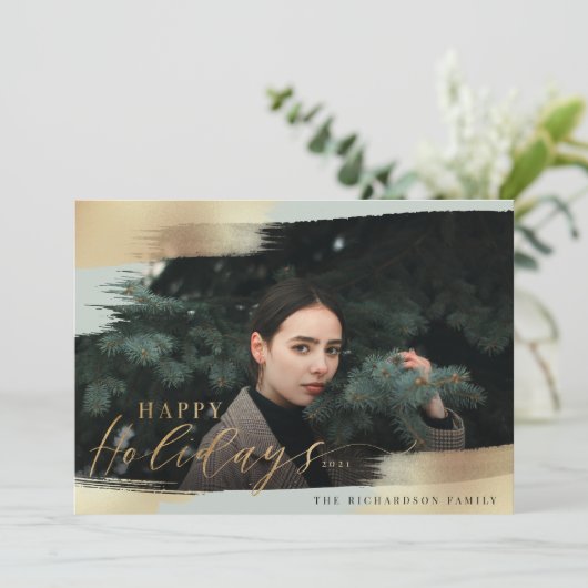 prettige feestdagen Mint Green & Gold Foil Brush F Feestdagenkaart (Staand voorkant)