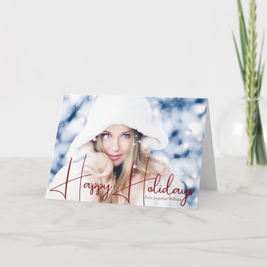 Prettige feestdagen Model Headshot Red Script Kers Kaart (Voorkant)