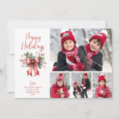 Prettige feestdagen Modern 4 foto's Red Bow Script Feestdagenkaart (Voorkant)