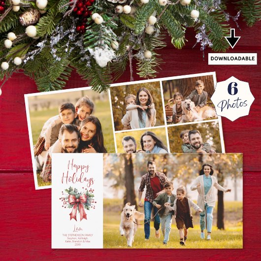 Prettige feestdagen Modern - 6 foto's Red Bow Scri Feestdagenkaart