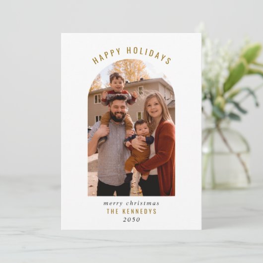 Prettige feestdagen Modern Arch Family Foto Feestdagenkaart (Staand voorkant)