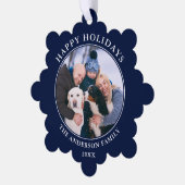 Prettige feestdagen Modern blauw Foto Ornament Kaart (Links)