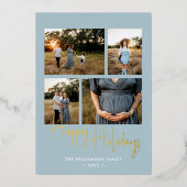 prettige feestdagen Modern Blue Script 4 Foto Gold (Voorkant)