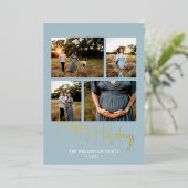 prettige feestdagen Modern Blue Script 4 Foto Gold (Staand Voorkant)