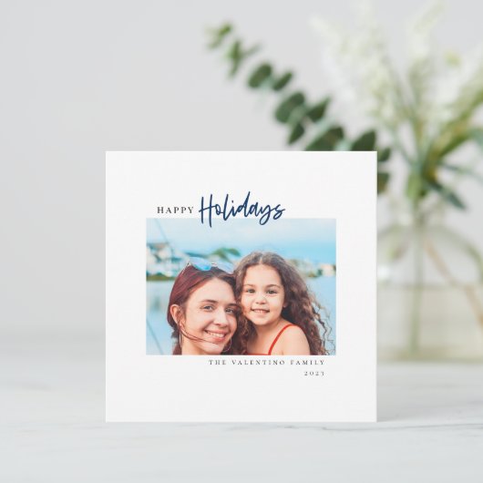 prettige feestdagen Modern Blue Script Minimalist  Feestdagenkaart (Staand voorkant)