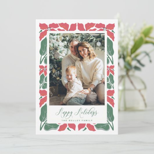 Prettige feestdagen Modern Poinsettia Script Feestdagenkaart (Staand voorkant)