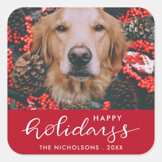 Prettige feestdagen Modern rood script hond huisdi Vierkante Sticker (Voorkant)