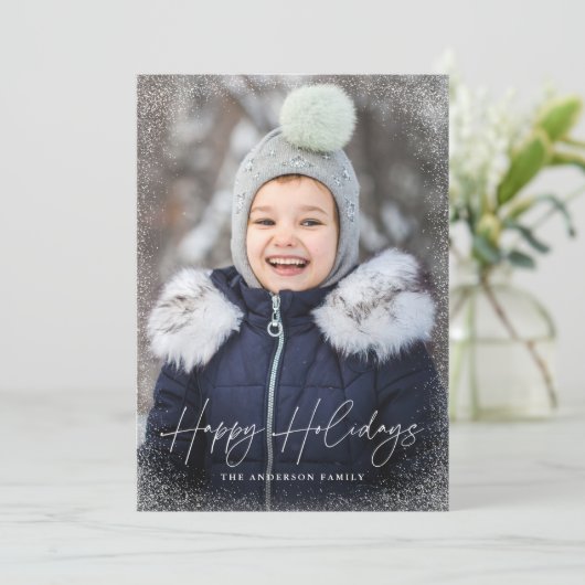 Prettige feestdagen Modern Script Snow Flurries Fo Feestdagenkaart (Staand voorkant)