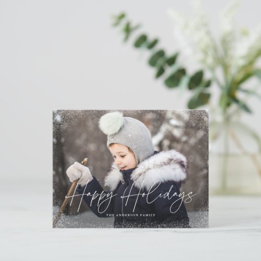 Prettige feestdagen Modern Script Snow Flurry Foto (Staand voorkant)