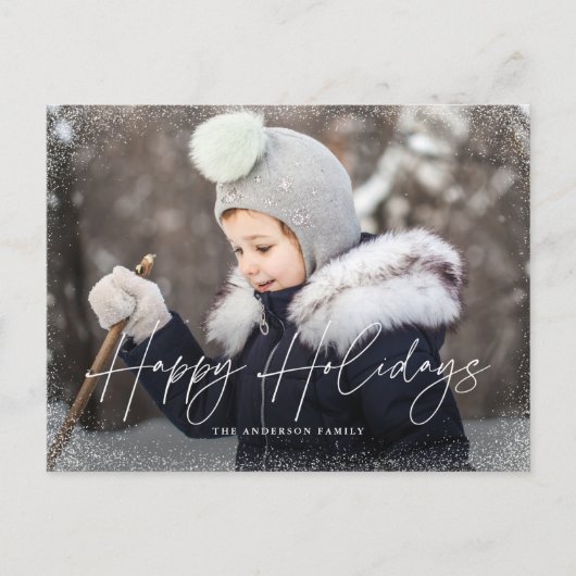 Prettige feestdagen Modern Script Snow Flurry Foto (Voorkant)