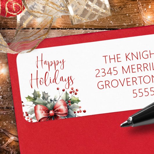 Prettige feestdagen Modern Zwart Script Red Bow Ho Etiket