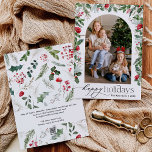 Prettige feestdagen Moderne Botanische Arena Feestdagenkaart<br><div class="desc">Dit collectie is voorzien van waterverf rode bloemen,  bessen & wintergroen met een moderne en elegante typografie,  met een winterbotanische patroonrug.</div>