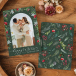 Prettige feestdagen Moderne botanische boog 1 foto Feestdagenkaart<br><div class="desc">Dit collectie is voorzien van waterverf rode bloemen,  bessen & wintergroen met een moderne en elegante typografie,  met een winterbotanische patroonrug.</div>