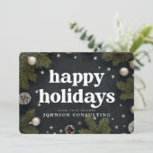 Prettige Feestdagen Moderne Kerstballen en Dennen Feestdagenkaart (Staand voorkant)