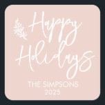 Prettige feestdagen Moderne minimalistische script Vierkante Sticker<br><div class="desc">Dit ontwerp kan op het gebied worden gepersonaliseerd dat door de foto en/of tekst te veranderen wordt verstrekt. Of het kan worden aangepast door te klikken deze Sjabloon personaliseert en dan de klik te kiezen om verdere optie aan te passen en de kleur van de achtergrond te schrappen of te...</div>