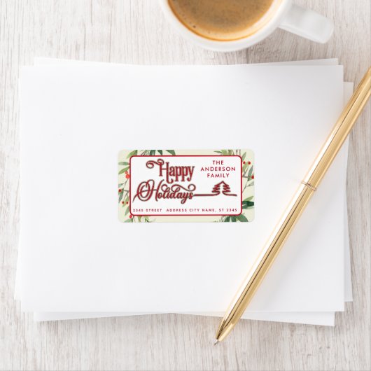 Prettige feestdagen Moderne rode botanische hulst Etiket (Insitu)