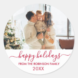 Prettige feestdagen Moderne rode scriptfamilie Fot Ronde Sticker