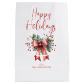 Prettige feestdagen Moderne Scriptnaam Holly Bow Medium Cadeauzakje (Achterkant)