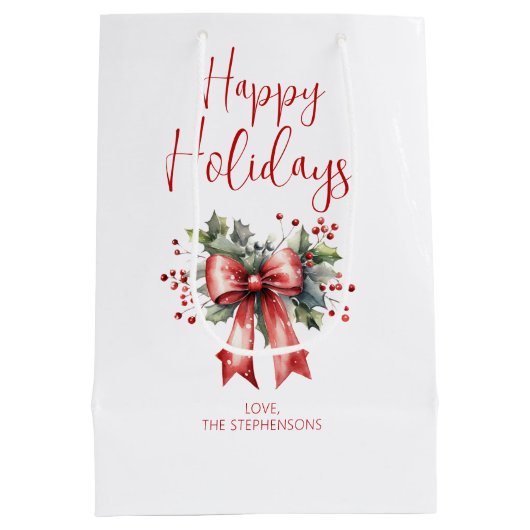 Prettige feestdagen Moderne Scriptnaam Holly Bow Medium Cadeauzakje (Achterkant)
