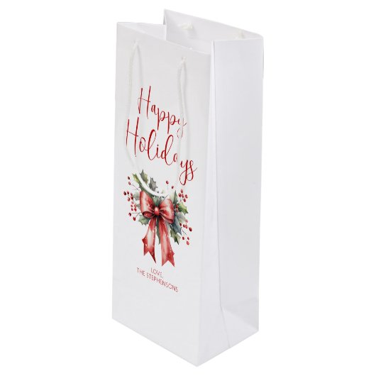 Prettige feestdagen Moderne Scriptnaam Holly Bow Wijn Cadeautas (Voorkant Gekanteld)