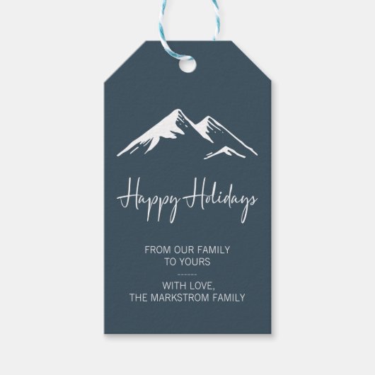 Prettige feestdagen Moderne Sneeuwberg op blauw Cadeaulabel (Voorkant)