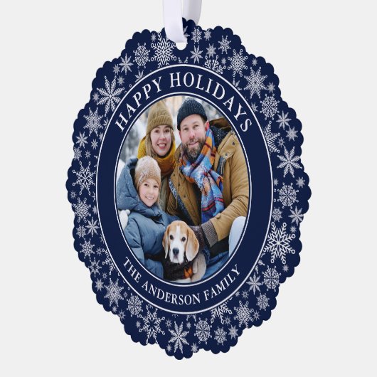 Prettige feestdagen Moderne sneeuwvlokken blauw Ornament Kaart (Links)