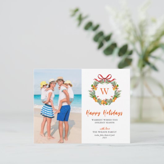 prettige feestdagen Monogram Citrus Wreatfoto Feestdagenkaart (Staand voorkant)