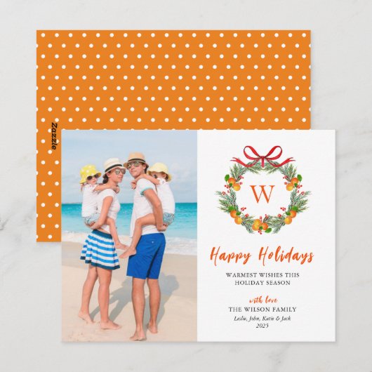 prettige feestdagen Monogram Citrus Wreatfoto Feestdagenkaart (Voorkant / Achterkant)