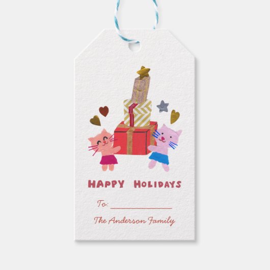 Prettige feestdagen Mooie katten en cadeaus wit Cadeaulabel (Voorkant)
