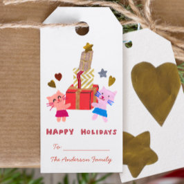 Prettige feestdagen Mooie katten en cadeaus wit Cadeaulabel