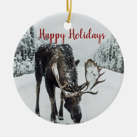 Prettige feestdagen Moose in de winter kerst Keramisch Ornament (Voorkant)