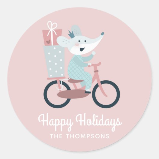 Prettige feestdagen Muis Rijden Fiets Gepersonalis Ronde Sticker (Voorkant)
