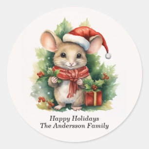 Prettige feestdagen Muis Santa Hat Ronde Sticker