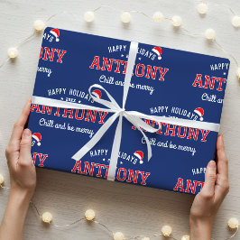 Prettige feestdagen Naam Christmas Santa Hat Navy  Cadeaupapier