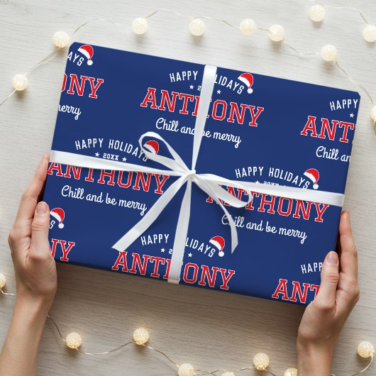 Prettige feestdagen Naam Christmas Santa Hat Navy Cadeaupapier