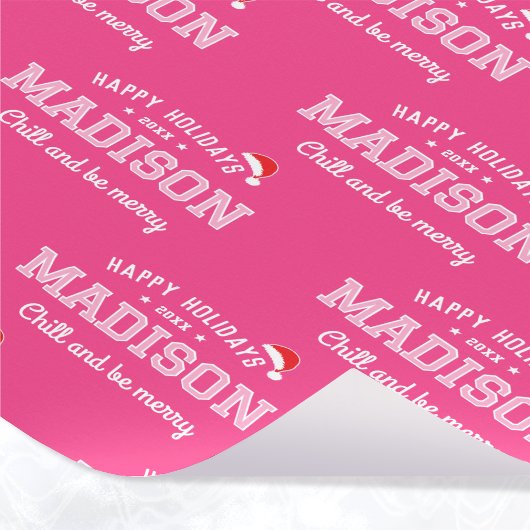 Prettige feestdagen Naam Kerstman Hoed Roze Wit Cadeaupapier