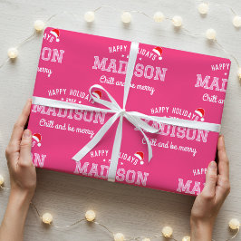 Prettige feestdagen Naam Kerstman Hoed Roze Wit Cadeaupapier
