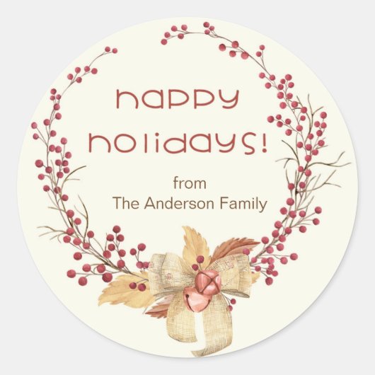 Prettige feestdagen Natural Berry Wreath Ronde Sticker (Voorkant)