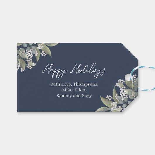 Prettige feestdagen Navy Blue Floral Custom Cadeaulabel (Voorkant (Horizontaal))