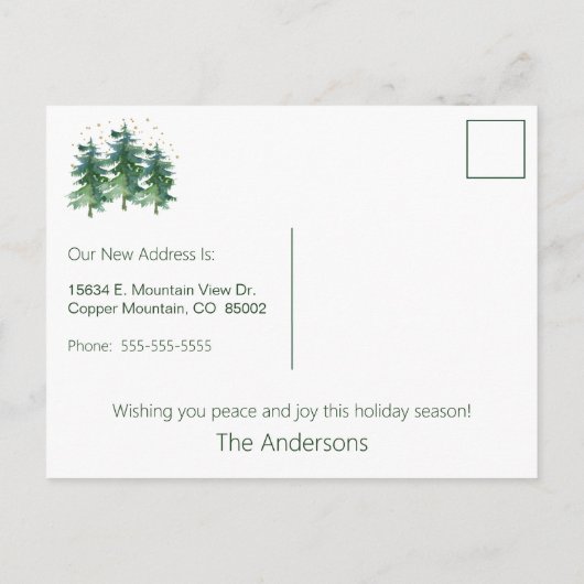 Prettige feestdagen Nieuwe Home Pine Trees Aankondigingskaart (Achterkant)