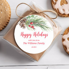 prettige feestdagen "NL" Waterverf Pine Christmas Ronde Sticker