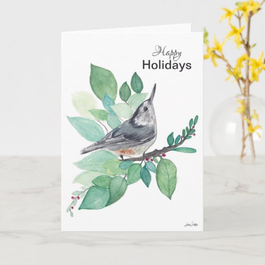 prettige feestdagen Nuthatch Bird Card Kaart (Gele Bloem)