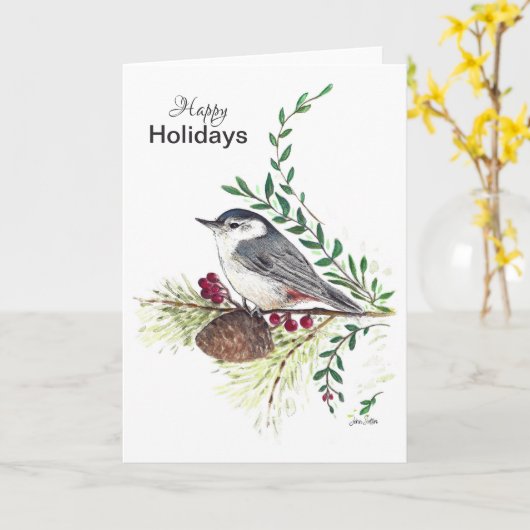 prettige feestdagen Nuthatch Bird Card Kaart (Gele Bloem)