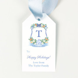 Prettige feestdagen Opulent Blauw Wit Citrus Wreat Cadeaulabel