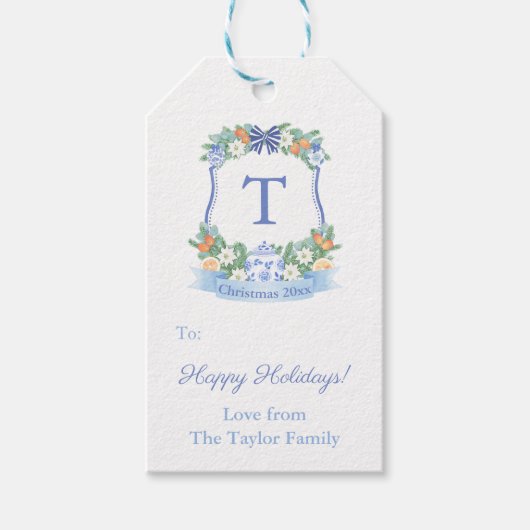 Prettige feestdagen Opulent Blauw Wit Citrus Wreat Cadeaulabel (Voorkant)