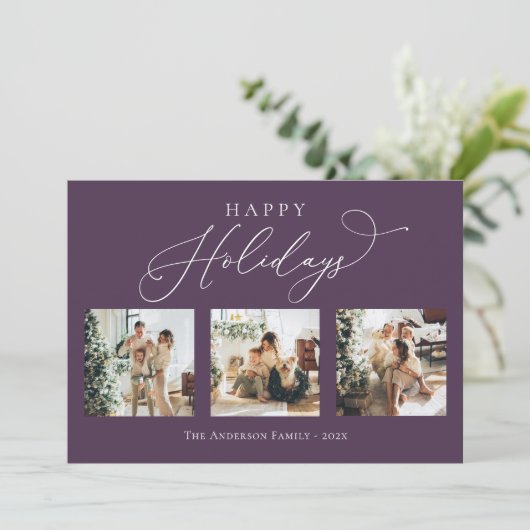 prettige feestdagen Paars Plum Multi Photo Collage Feestdagenkaart (Staand voorkant)