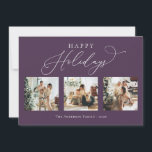 prettige feestdagen Paars Plum Multi Photo Collage Feestdagenkaart<br><div class="desc">Creëer prachtige herinneringen aan dit vakantieseizoen met deze multi-foto collage vakantiekaart. Deze kaart kenmerkt een modern minimalistisch manuscript met uw favoriete foto's op de voorzijde en op de rug. Pas deze volledig aanpasbare kaart aan met uw begroeting,  bericht,  familienaam en jaar.</div>