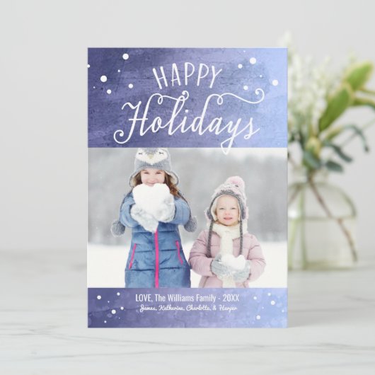 prettige feestdagen Paarse Blue Snowy Waterverf Fo Feestdagenkaart (Staand voorkant)
