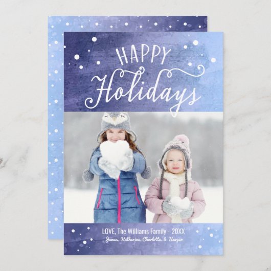 prettige feestdagen Paarse Blue Snowy Waterverf Fo Feestdagenkaart (Voorkant / Achterkant)